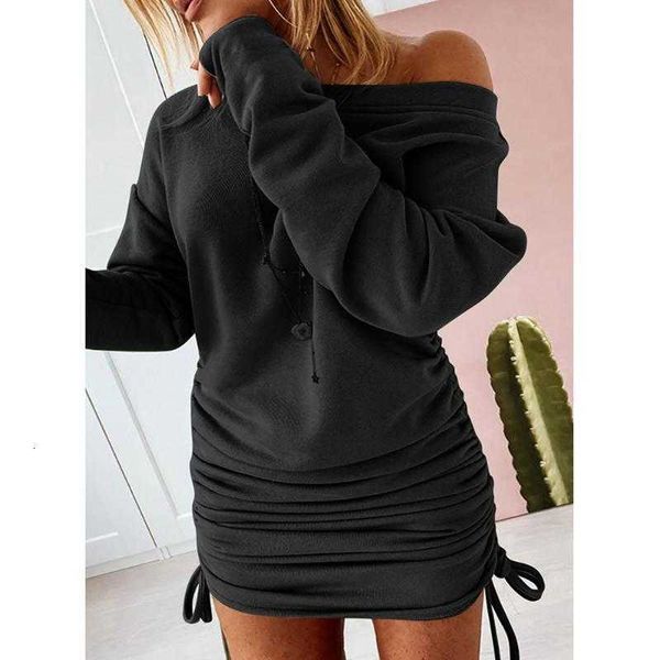 

women round neck long sleeve drawstring strap solid dress pullover straight neck tie dress comfortable casual hoodies_yw_rw, Black