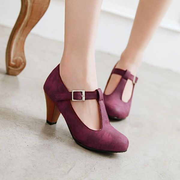 

dress shoes oversized 13 14 15 16 17 ladies high heels women woman pumps retro t-shaped buckle round-headed marijan single, Black