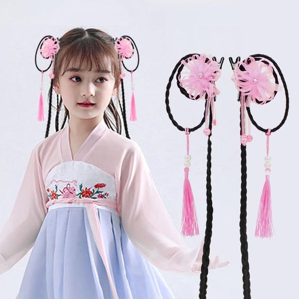 

other 2pcs suit hanfu immortal headdress fabric silk flower tassel wig braid a pair of hairclips hair accessories detachable, Golden;white