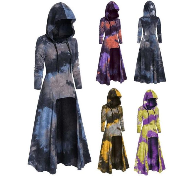 

fashion tie dye print women sweatshirt oversized hooded plus size vintage cloak high low dress 2021 autumn blouse casual dresses, Black;gray