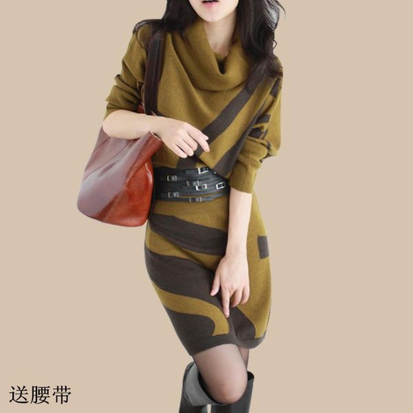 

casual dresses women's autumn winter long sleeve knit sweater dress turtleneck slim lady belt waist package hip, Black;gray