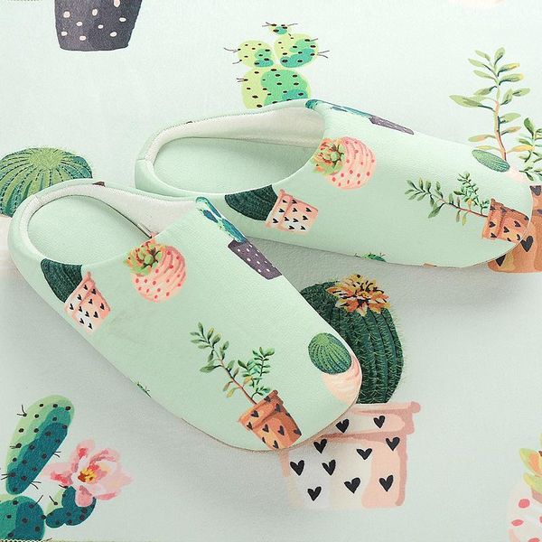 

lizeruee 2021 home women slippers cactus printed mute non-slip soft cotton slipper winter indoor lovers shoes for ladies female, Black