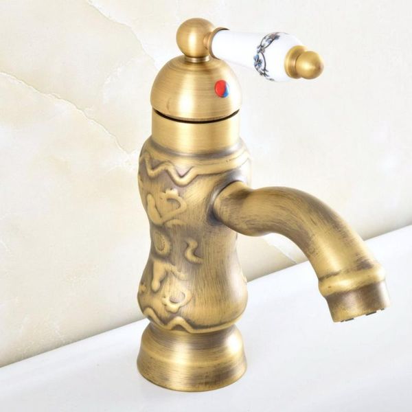 

antique brass carved flower pattern deck mounted single handle lever bathroom vessel basin sink faucet mixer water taps mnf819 faucets1