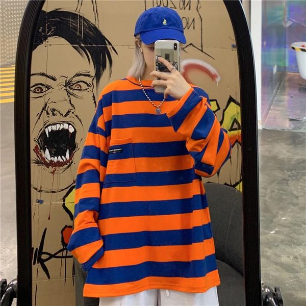 

women's t-shirt ladies spring autumn korean ins striped long sleeve t-shirts clothing harajuku causal o-neck tees loose hipster, White