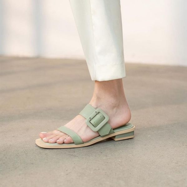 

summer women shoes solid cow leather big buckle outdoor slippers square toe low heel sandals for, Black