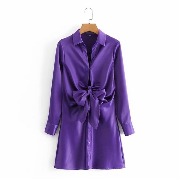 

elegant women v-neck dresses fashion ladies solid bow draped vestidos streetwear female chic satin mini shirt-dress 210427, Black;gray