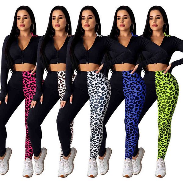 

women designers clothes 2021 2 piece pants set autumn pull on two-color leopard long sleeve tight sportswear, White