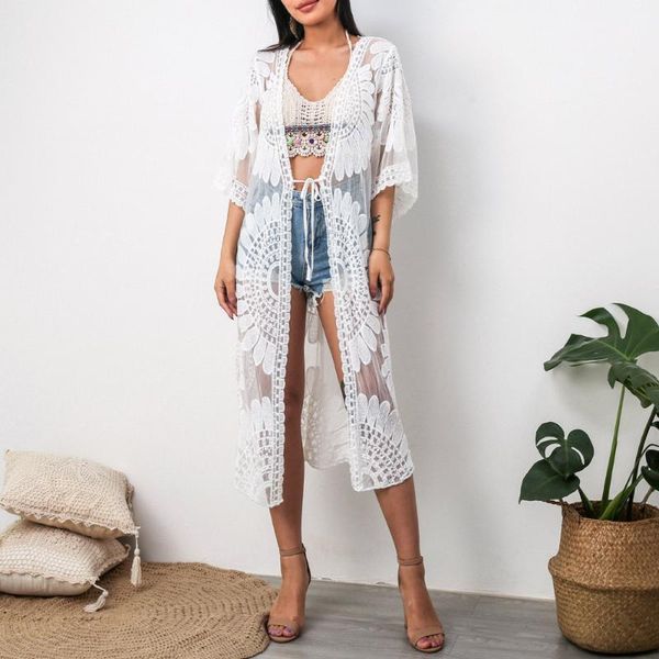 

white embroidery bikini blouse women summer 2021 fashion casual boho sweet beachwear cardigan lace up long kimono women's swimwear, White;black