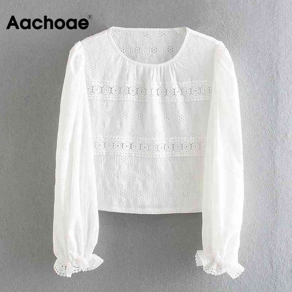 

elegant white lace embroidery blouse women o neck ruffles shirt long sleeve chic tunic ladies blouses shirts 210413