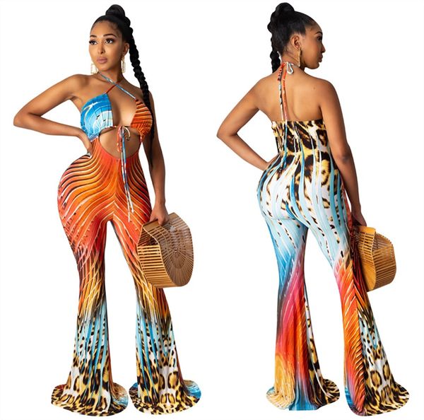 

women rompers halter lace up drawstring backless plunged jumpsuit slim leg trousers bandage hollow out striped leopard print overalls full l, Black;white