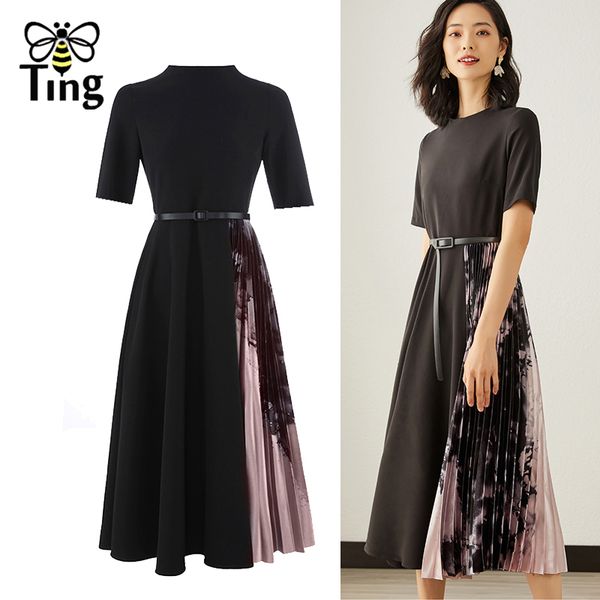 

vintage elegant black midi office lady work dress summer print pleated patchwork a line casual chic plus size robe 210513, Black;gray