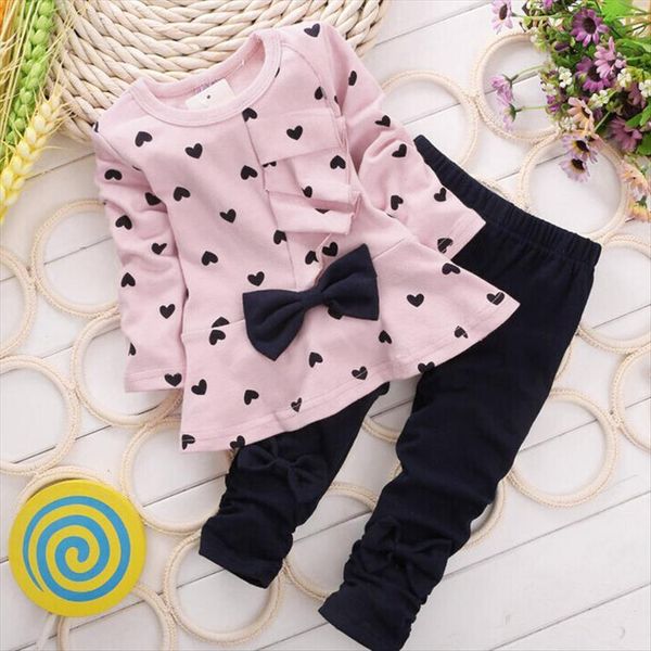 

baby girls clothes sets lovely heart shaped print bow cute 2pcs kids set t shirt pants roupas infantis menina, White