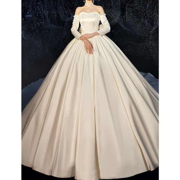 

satin ball gown wedding dresses with bateau long sleeves plus size bridal gowns, White
