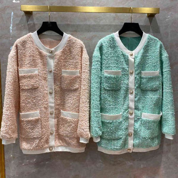 

skirts korean style of women loose neck tweed jacket 2021 autumn 100% female silk lining c288, Black