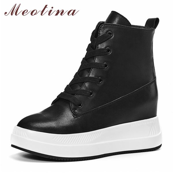 

winter ankle boots women natural genuine leather height increasing high heel short lace up round toe shoes lady 39 210517, Black
