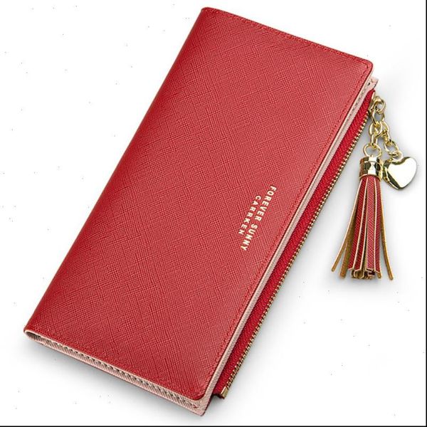

tassel wallet women long cute wallets leather zipper portefeuille female purse clutch cartera mujer, Red;black