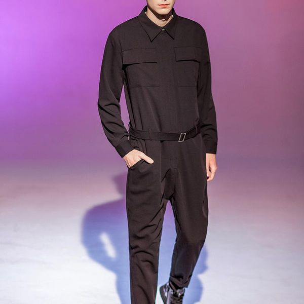 

men's tracksuits style overalls spring tide casual pants long-sleeved hair stylist plus trend rompers jumpsuit men clothing, Gray