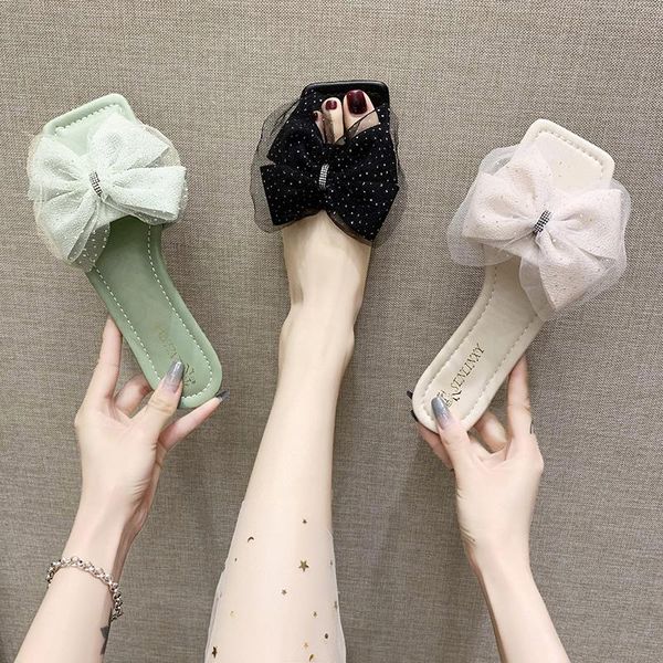 

slippers shoes women flat shale female beach pantofle butterfly-knot luxury slides soft sabot 2021 designer pu sweet fabric rom, Black