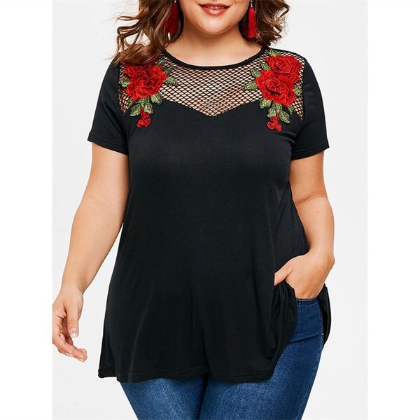 

europe and the united states women's solid color stitching mesh chest set flower short sleeve large t-shirt, White
