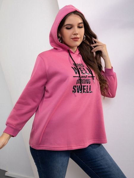 

plus slogan graphic drawstring hoodie 52fb#, Black