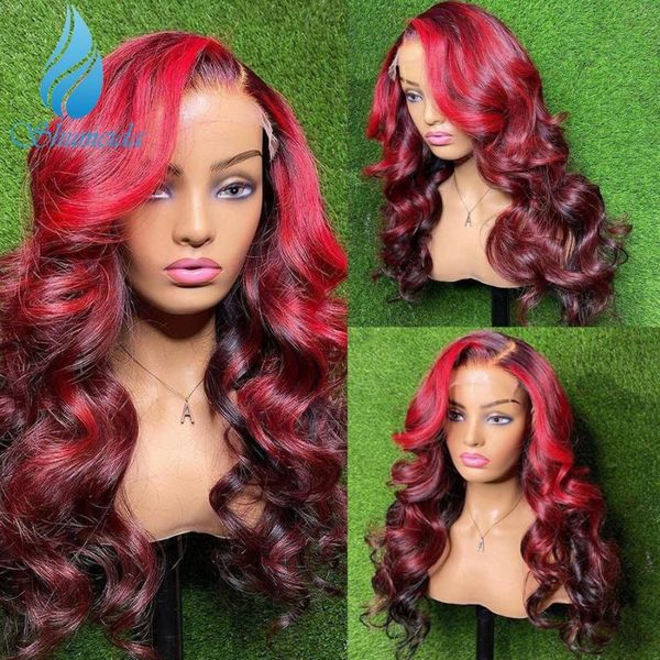 

lace wigs smd ombre red color 13*4 front human hair highlight peruvian remy body wave glueless 4*4 wig with baby, Black;brown
