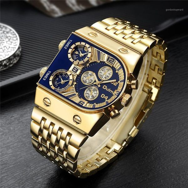 

wristwatches 2021 oulm watch men sport big watches 3 time zone luxury gold stainless steel men's quartz reloj hombre, Slivery;brown