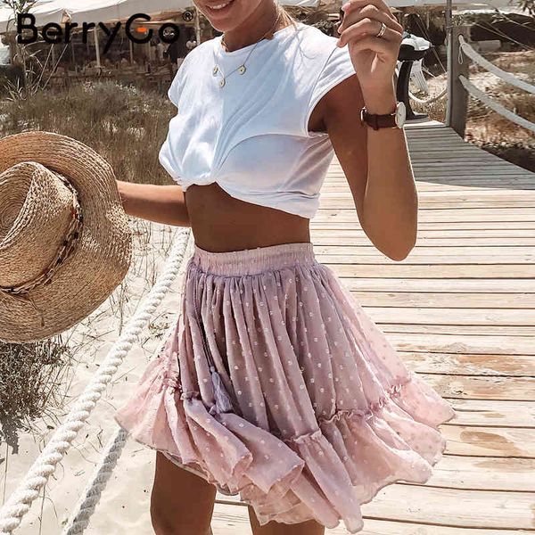 

berrygo print mini women skirts high waist polka dot tassel green a line summer skirt ruffle beach female tutu 210513, Black