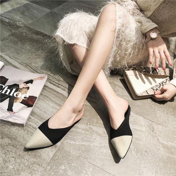 

slippers summer women fashion knitting pointed half slides mules loafers casual slipper female shoes flat sandals, Black
