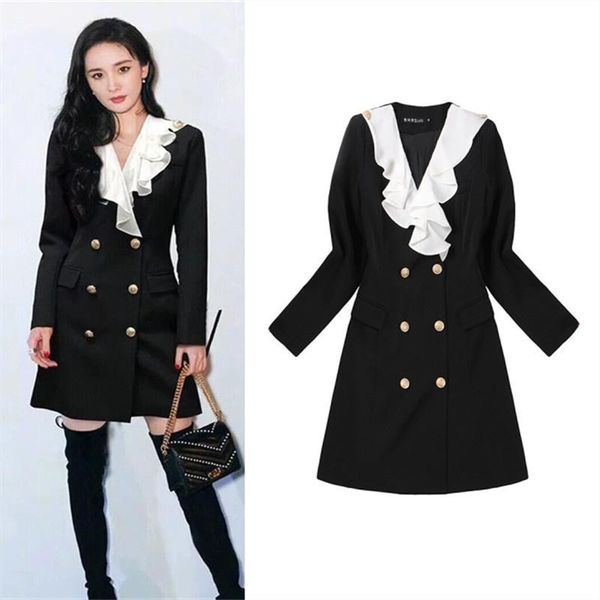 

casual dresses yang mi star's same dress autumn and winter ruffle design feeling spell receive waist suit women 2569, Black;gray