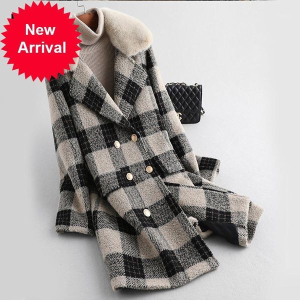 

women's wool & blends women 100% a59772 real fur lattice coat lady rex lining mink collar leisure fall/winter long outwear, Black