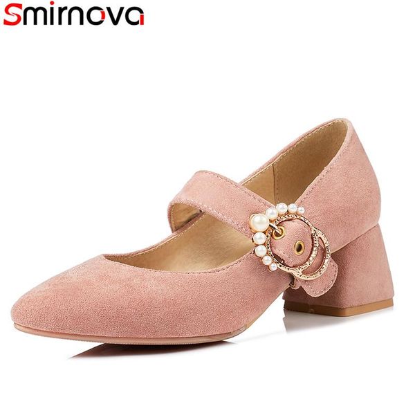 

smirnova large size 30-43 2021 spring summer fashion buckle casual shoes med heels pointed toe solid color women dress, Black