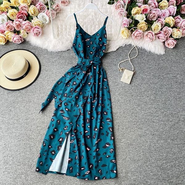 

vintage boho v neck womens dresses spaghetti strap leopard print midi long split dress summer bandage party women tunic, Black;gray