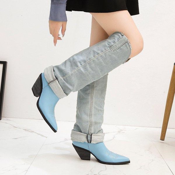 

boots fashion knee high denim women casual pu leather thick heels shoes woman autumn pointed toe jean gqk9, Black