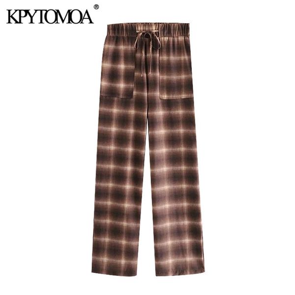 

women chic fashion side pockets check straight pants vintage high elastic waist drawstring female trousers mujer 210420, Black;white