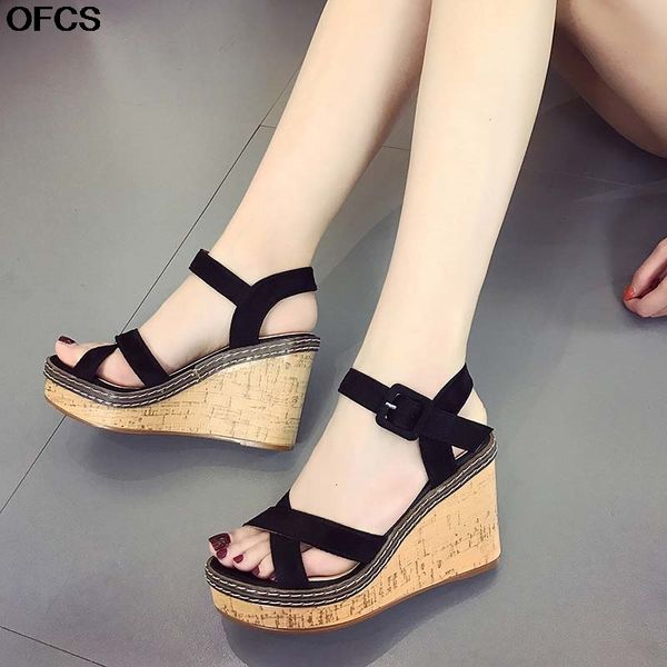 

sandals summer women buckle flock fish mouth wedge high heel platform open toes shoes 35-40 nzgq, Black