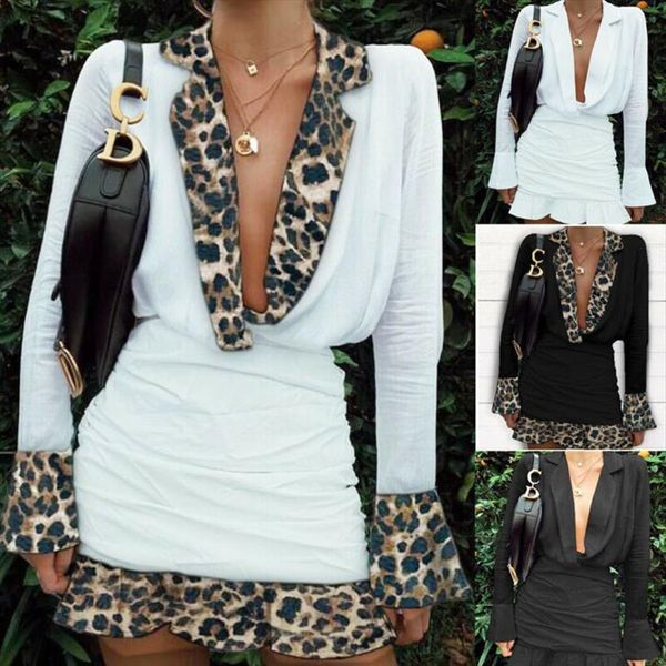 

bandage autumn bodycon pencil womens dresses deep v lapel long sleeve ruffle cuff ladies leopard mini formal, Black;gray