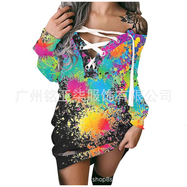 

fashion printed long sleeve bandage sweater, Black