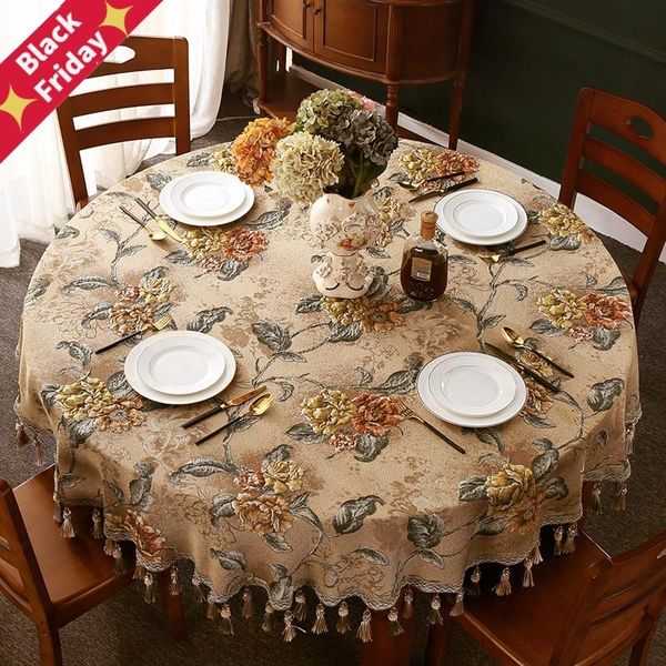 

european luxury round table cloth jacquard cover with tassel embroidered tablecloth for weddng/party decorating