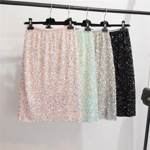 

skirts [ewq]2021 summer long metallic silver high waist bright clothes women party faldas color wrap hip sequin skirt qv160, Black