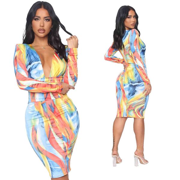 

dresses spring and autumn women dress fashion print deep v-neck long sleeve shrink waist slim over the knee dresses, Black;gray