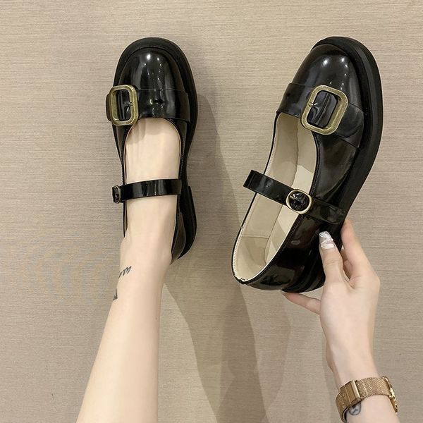 

new spring mary janes women shoes woman square low heels shallow round toe buckle strap patent leather casual shoes plus size c0410, Black