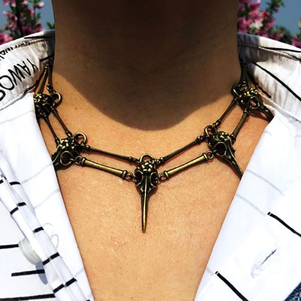 

chokers witchy raven pendant necklace bronze bird skull & bones - gothic occult choker pagan gift -cast skull, halloween jewelry y493uf5, Golden;silver