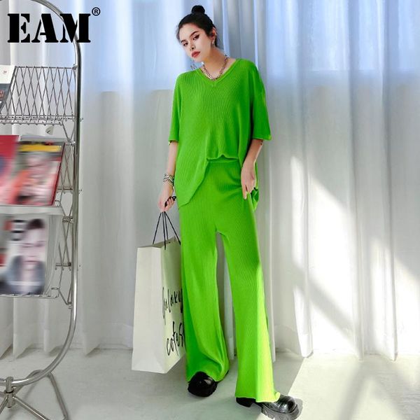

women's two piece pants [eam] wide leg big size suit v-neck half sleeve green loose fit women fashion spring summer 2021 1dd9559, White