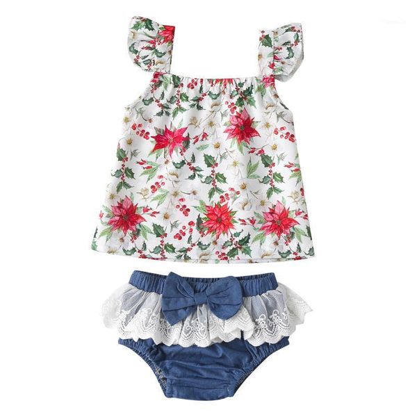 

clothing sets 2pcs baby girl clothes set summer sleeveless floral print + with lace bow short suit born, White