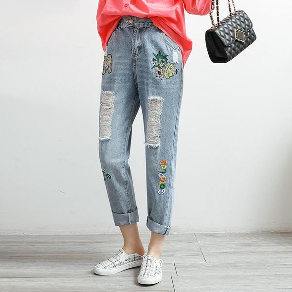 

high waist cropped denim pants womens harem jeans with holes loose pineapple pattern embroidery female trendy cowboy women's, Blue