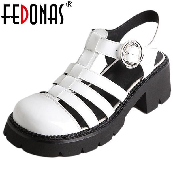 

sandals fedonas concise design women 2021 summer rund toe thick heels pumps for buckle casual basic prom shoes woman, Black