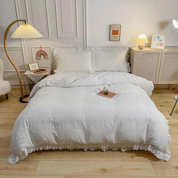 

bedding sets seersucker bed cover set single/double/ size bedclothes for bedroom white color duvet with flat sheet