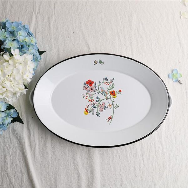 

dishes & plates nordic pastoral style flower and bird story oval disk binaural tray enamel fruit plate dinner