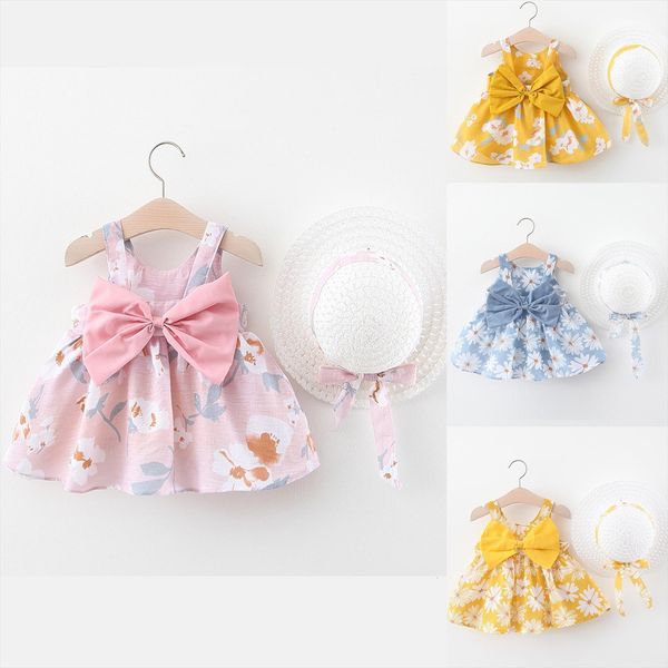 

childrens sets toddler kid baby girl printed bow princess dress girls clothes kids hat outfits set, White