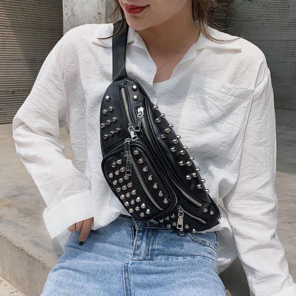 

punk rivet fanny pack for women chain waist belt bag shoulder chest bags female fashion phone hip bum
